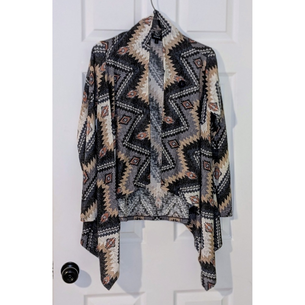 Bobeau Aztec Print Open Front Cardigan Draped Lightweight Bohemian Casual